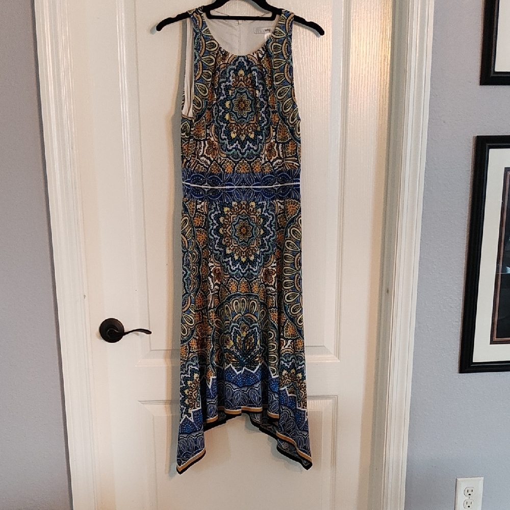 Elegant High-Low Mandala Print Dress - Blue and Brown